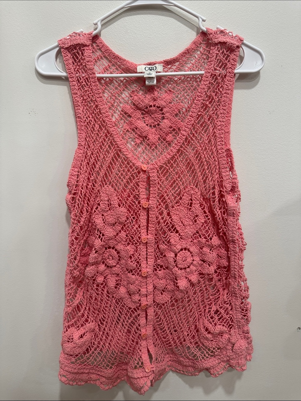 Cato Pink Crochet Knit Tank Top Vest Open Stitch Floral Button grandma glam XL